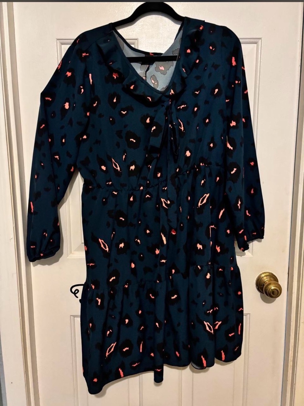 SHEIN Teal Long Sleeve Tiered Dress with Pink Leopard Spots